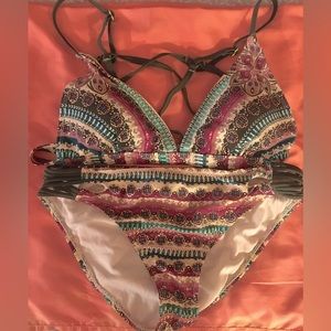 Arizona Jean Co. 2 piece multi colored triangle halter top bikini set.